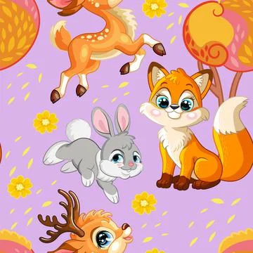 Seamless vector pattern with cute forest animals purple Illustrazione stock