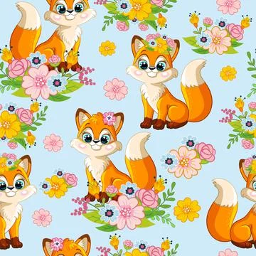 Seamless vector pattern with cute fox background blue イラスト素材