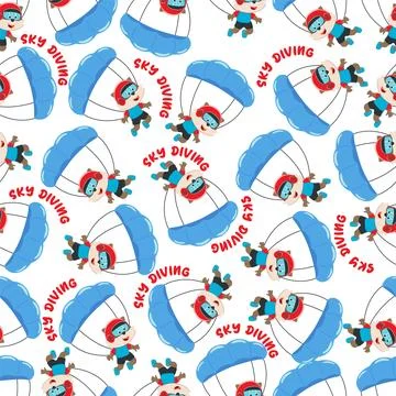 Seamless vector pattern of a cute fox flying with a parachute. 스톡 일러스트