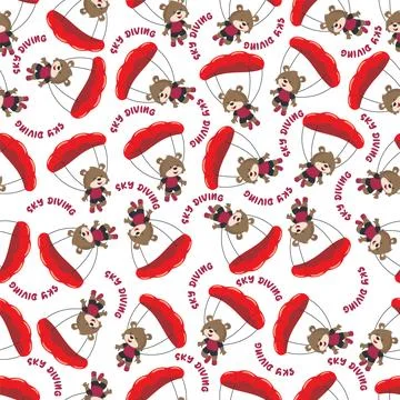 Seamless vector pattern of a cute fox flying with a parachute. Stock Illustration