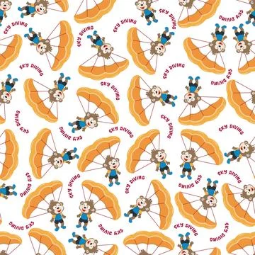 Seamless vector pattern of a cute fox flying with a parachute. Stock Illustration