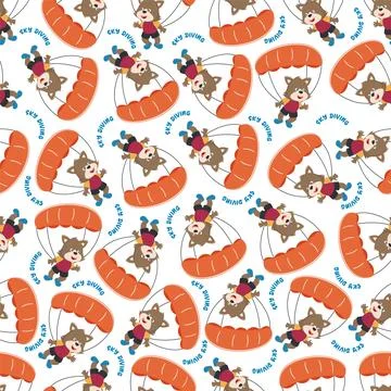 Seamless vector pattern of a cute fox flying with a parachute. Stock Illustration
