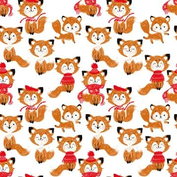 Seamless vector pattern with cute foxes in scarf and hat. Can be used for wal 스톡 일러스트