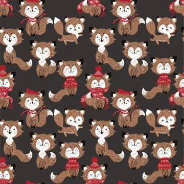 Seamless vector pattern with cute foxes in scarf and hat. Can be used for wal 스톡 일러스트