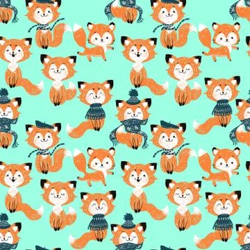 Seamless vector pattern with cute foxes in scarf and hat. Can be used for wal 스톡 일러스트