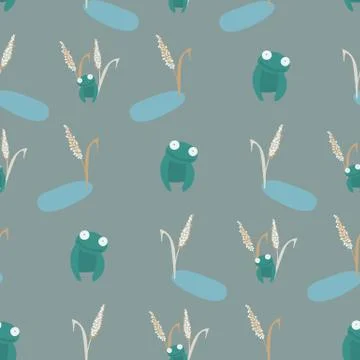 Seamless vector pattern with cute friendly frogs in neutral colors Stock Illustration