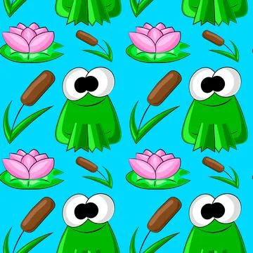 Seamless vector pattern with cute frog, lotos and reed Ilustração Stock