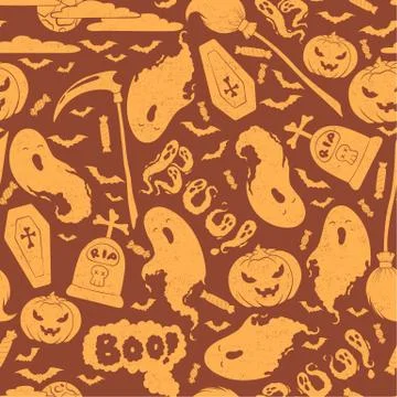 Seamless vector pattern with cute ghosts, Boo letterings and halloween decora Stock Illustration