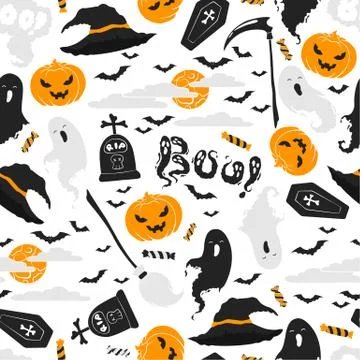 Seamless vector pattern with cute ghosts, Boo letterings, moon, clouds and ba Stockillustratie