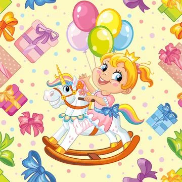 Seamless vector pattern cute girl on wooden rocking horse vector Stock Illustration