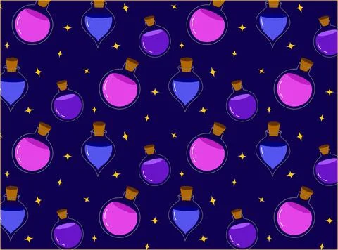 Seamless vector pattern with cute glass potion bottles with bows and ribbons. Stock Illustration