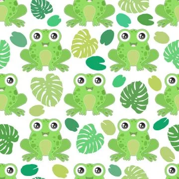 Seamless vector pattern with cute green frogs on white background. Design for Stock Illustration
