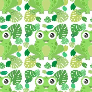 Seamless vector pattern with cute green frogs on white background. Design for Stock Illustration