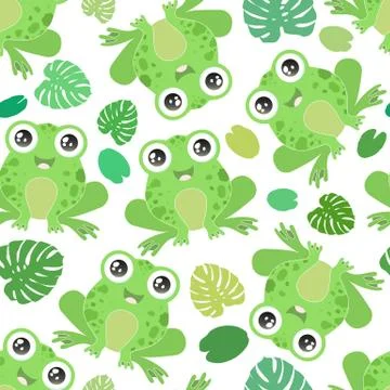 Seamless vector pattern with cute green frogs on white background. Design for Stock Illustration