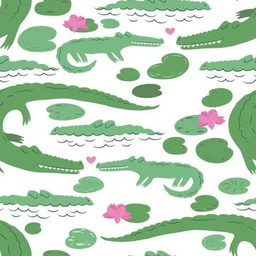 Seamless vector pattern with cute green crocodiles, water flowers, leaves i.. Stock Illustration