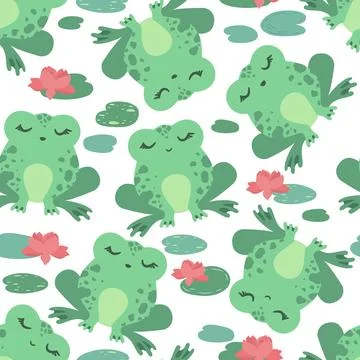 Seamless vector pattern with cute green frogs, water flowers, leaves isolat.. Stock Illustration