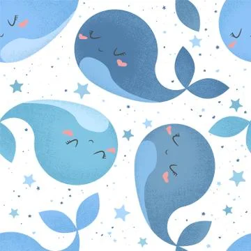 Seamless vector pattern with cute hand drawn blue whales on white background. Stock Illustration