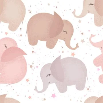 Seamless vector pattern with cute hand drawn elephants on white background. D Stock Illustration