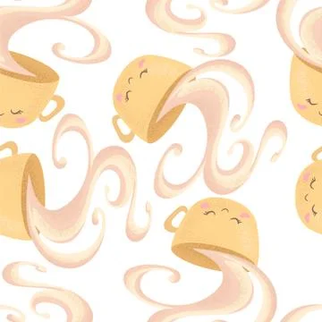 Seamless vector pattern with cute hand drawn cartoon cups isolated on white b Stock Illustration