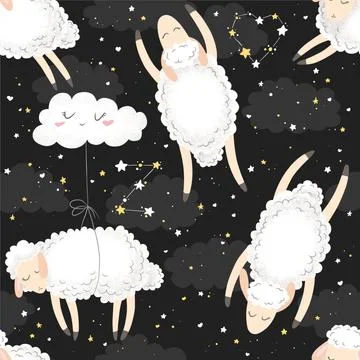 Seamless vector pattern with cute hand drawn cartoon sheeps, clouds and stars Illustrazione stock
