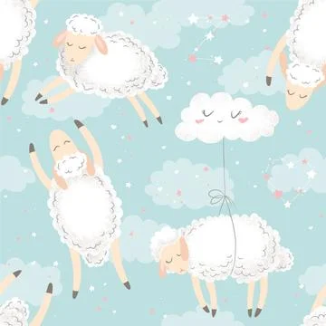 Seamless vector pattern with cute hand drawn cartoon sheeps, clouds and stars Stockillustratie