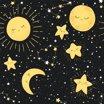 Seamless vector pattern with cute hand drawn cartoon moon, sun and stars isol Stock Illustration