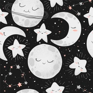Seamless vector pattern with cute hand drawn cartoon moons, planets and stars Stock Illustration
