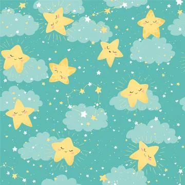 Seamless vector pattern with cute hand drawn cartoon stars and clouds isolate Stockillustratie