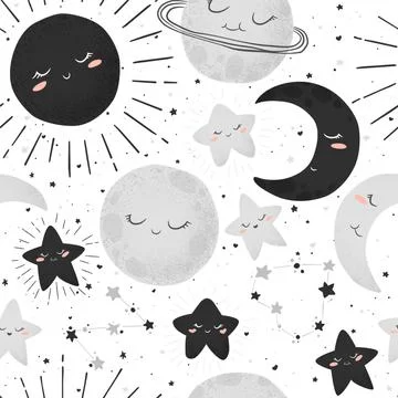 Seamless vector pattern with cute hand drawn cartoon space objects-sun, moon, Illustrazione stock