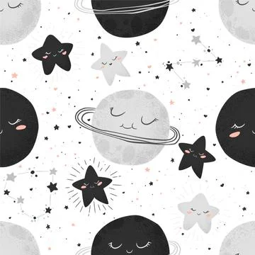 Seamless vector pattern with cute hand drawn cartoon space objects planets an Stock Illustration