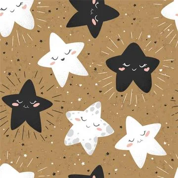 Seamless vector pattern with cute hand drawn cartoon stars isolated on brown  Stock Illustration