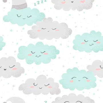 Seamless vector pattern with cute hand drawn cartoon clouds and stars isolate Illustrazione stock
