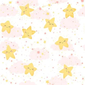 Seamless vector pattern with cute hand drawn cartoon stars and clouds isolate イラスト素材