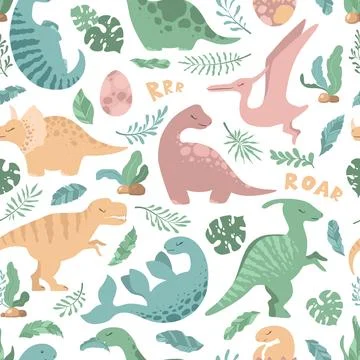 Seamless vector pattern with cute hand drawn cartoon dinosaurs, leaves and .. Stock Illustration