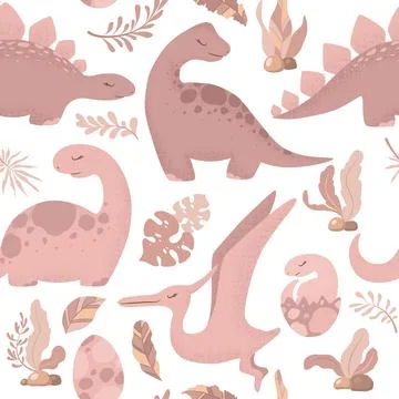 Seamless vector pattern with cute hand drawn cartoon dinosaurs, leaves and .. Stock Illustration