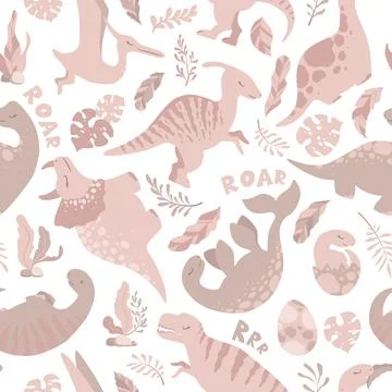 Seamless vector pattern with cute hand drawn cartoon dinosaurs, leaves and .. Stock Illustration