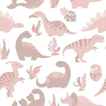 Seamless vector pattern with cute hand drawn cartoon dinosaurs, leaves and .. Stock Illustration