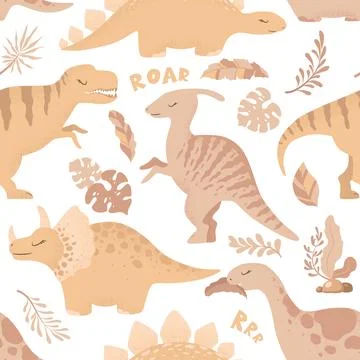 Seamless vector pattern with cute hand drawn cartoon dinosaurs, leaves and .. Stock Illustration