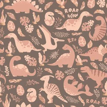 Seamless vector pattern with cute hand drawn cartoon dinosaurs, leaves and .. Illustrazione stock