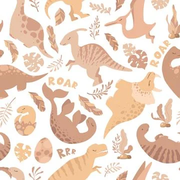 Seamless vector pattern with cute hand drawn cartoon dinosaurs, leaves and .. Stock Illustration
