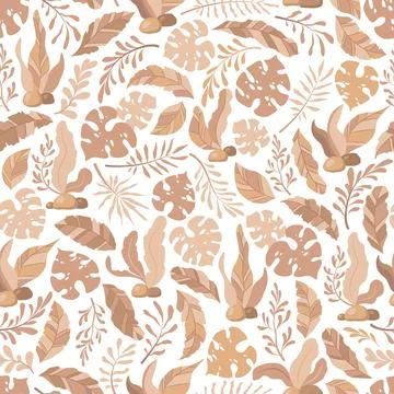 Seamless vector pattern with cute hand drawn cartoon leaves and branches is.. Stock Illustration