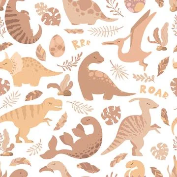 Seamless vector pattern with cute hand drawn cartoon dinosaurs, leaves and .. Stock Illustration