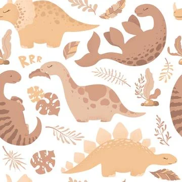 Seamless vector pattern with cute hand drawn cartoon dinosaurs, leaves and .. Stock Illustration
