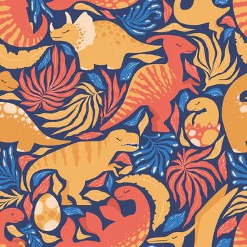 Seamless vector pattern with cute hand drawn cartoon dinosaurs, leaves and .. Stock Illustration