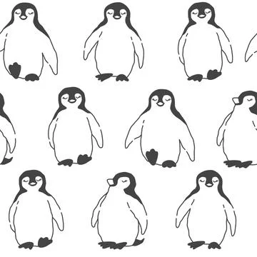 Seamless vector pattern with cute hand drawn penguins isolated on white bac.. Stock Illustration