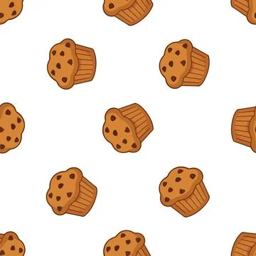 Seamless vector pattern with cute hand drawn chocolate chip muffins. Stock Illustration