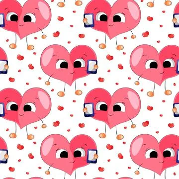 Seamless vector pattern with cute Heart and mobile phone Stock Illustration