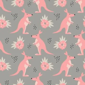 Seamless vector pattern. Cute Kangaroo or Wallaby, flowers and doodle element Stock Illustration