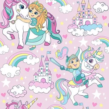 Seamless vector pattern with cute kids and unicorns pink Stock Illustration