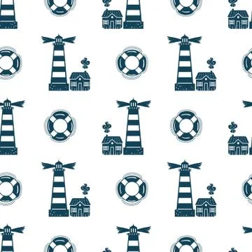Seamless vector pattern with cute lighthouse and lifebuoy. Simple pattern for Stock Illustration